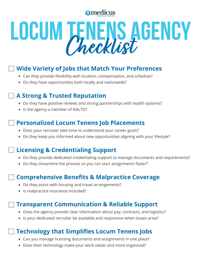 Checklist of seven things to look for in a locum tenens agency: job variety, strong reputation, personalized placements, licensing and credentialing support, comprehensive benefits, transparent communication, and helpful technology.