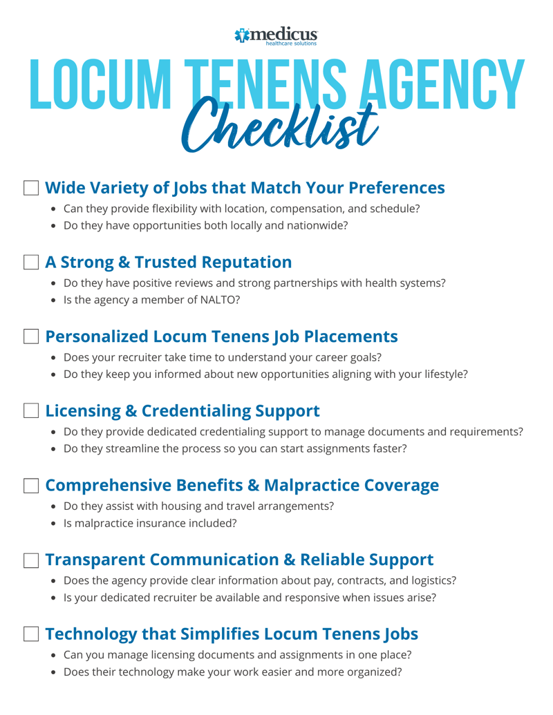 Checklist of seven things to look for in a locum tenens agency: job variety, strong reputation, personalized placements, licensing and credentialing support, comprehensive benefits, transparent communication, and helpful technology.