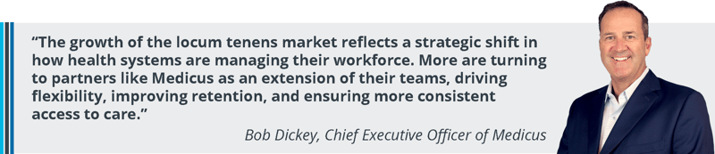 Quote from a healthcare staffing leader discussing how locum tenens is becoming a core workforce strategy as coverage is planned further in advance.