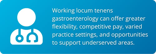 Graphic for a Medicus blog on working gastroenterology locums, highlighting flexibility, competitive pay, varied practice settings, and support for underserved areas.