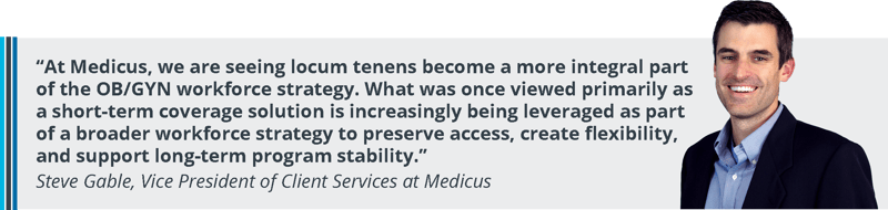 Quote from Medicus leadership explaining how locum tenens is becoming an integral part of OB/GYN workforce strategy to preserve access, increase flexibility, and support long term program stability.