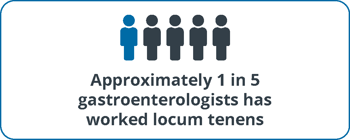 Icon graphic stating that approximately 1 in 5 gastroenterologists has worked locum tenens.