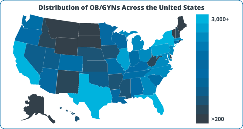 Heat map showing OB/GYN workforce and job growth across the United States, representing more than 49,000 OB/GYNs, including approximately 1,100 specialists in maternal and fetal medicine.
