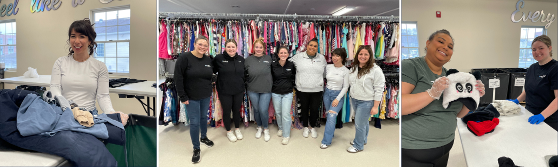 Group of Medicus employees at Catie's Closet standing in front of donated clothes