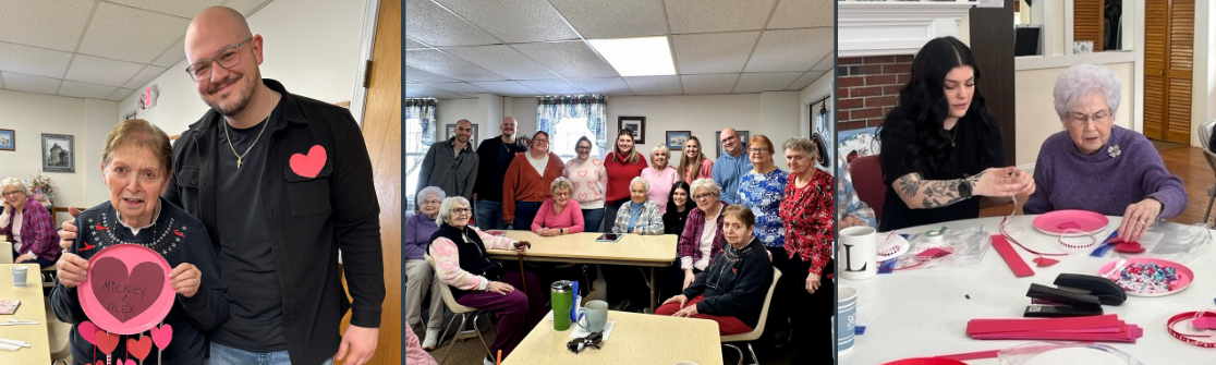 members of Medicus Cares with a group of people at a local senior center making decorations for Valentine’s Day